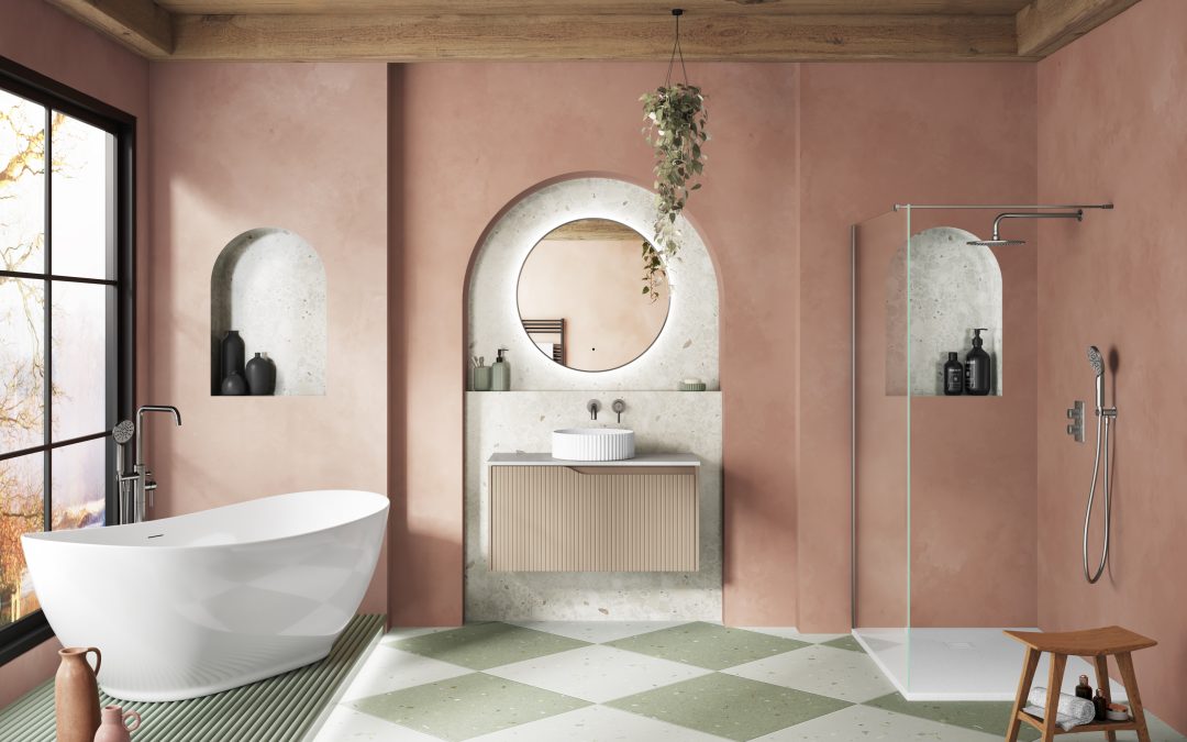 bathroom white and green floor tiles, with a stand alone tub, walk in shower and a sink with a mirror