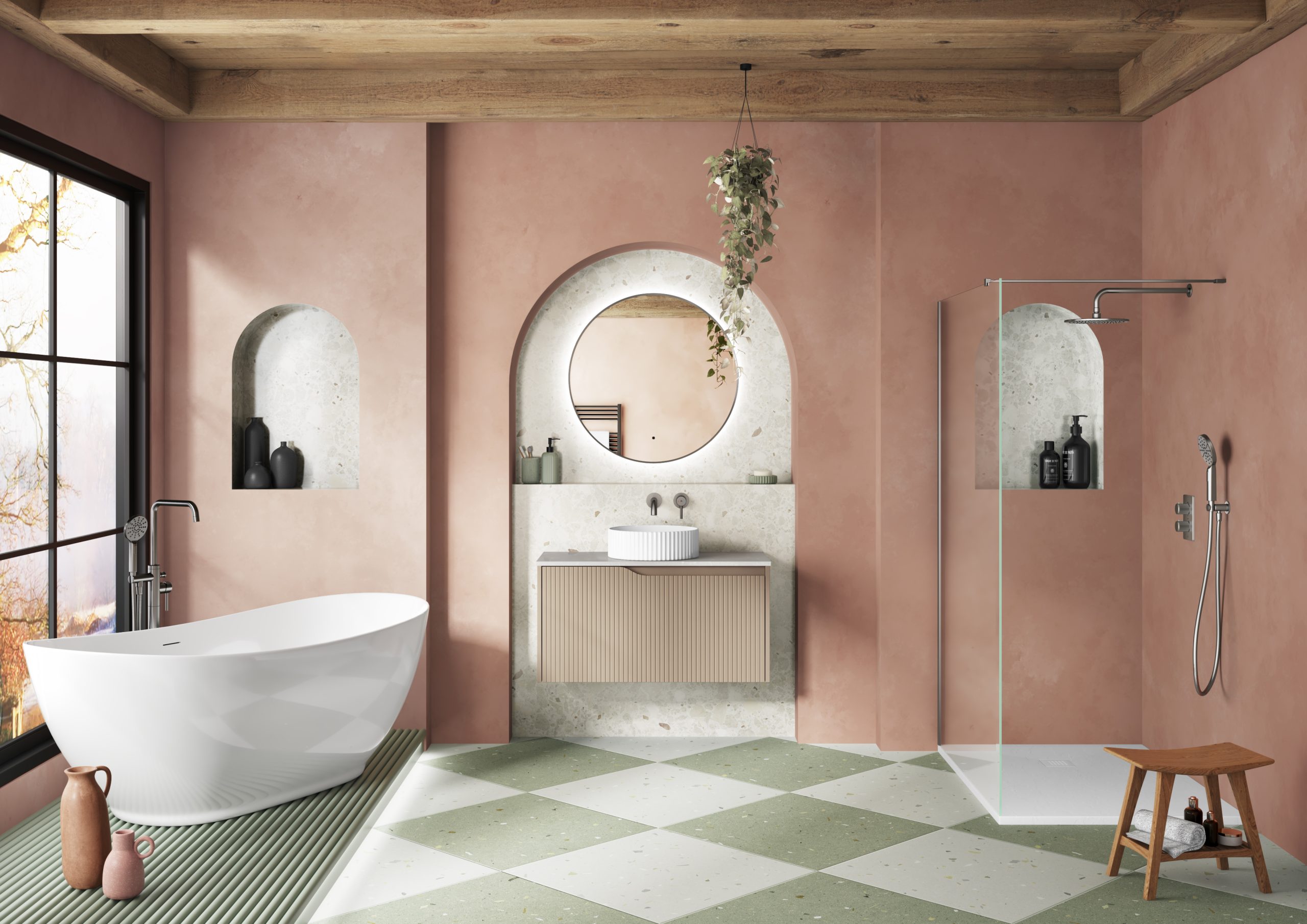 bathroom white and green floor tiles, with a stand alone tub, walk in shower and a sink with a mirror