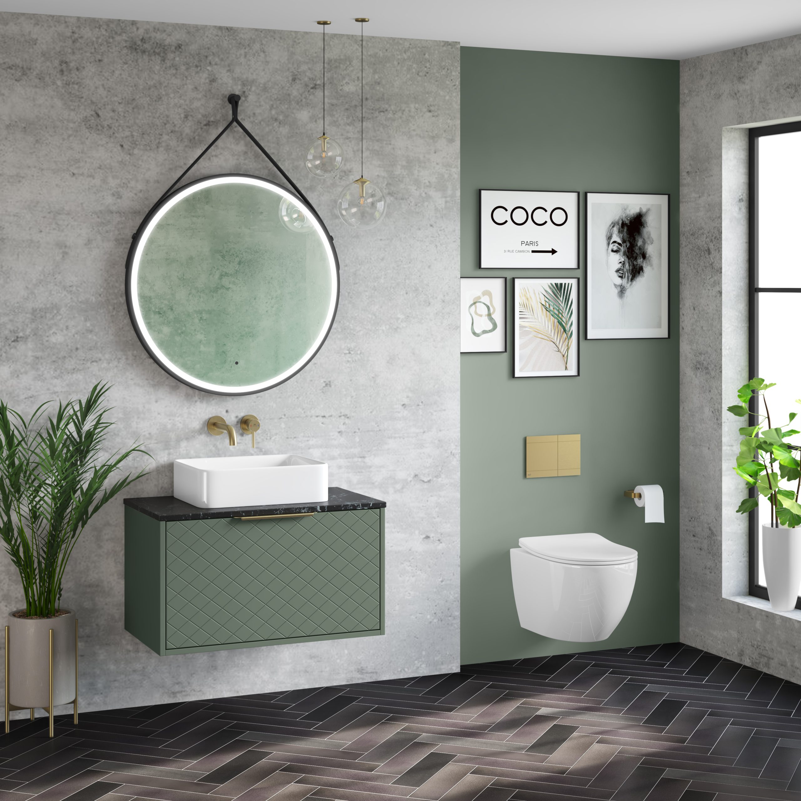 bathroom with black tiled floor. green accents and an led hanging mirror