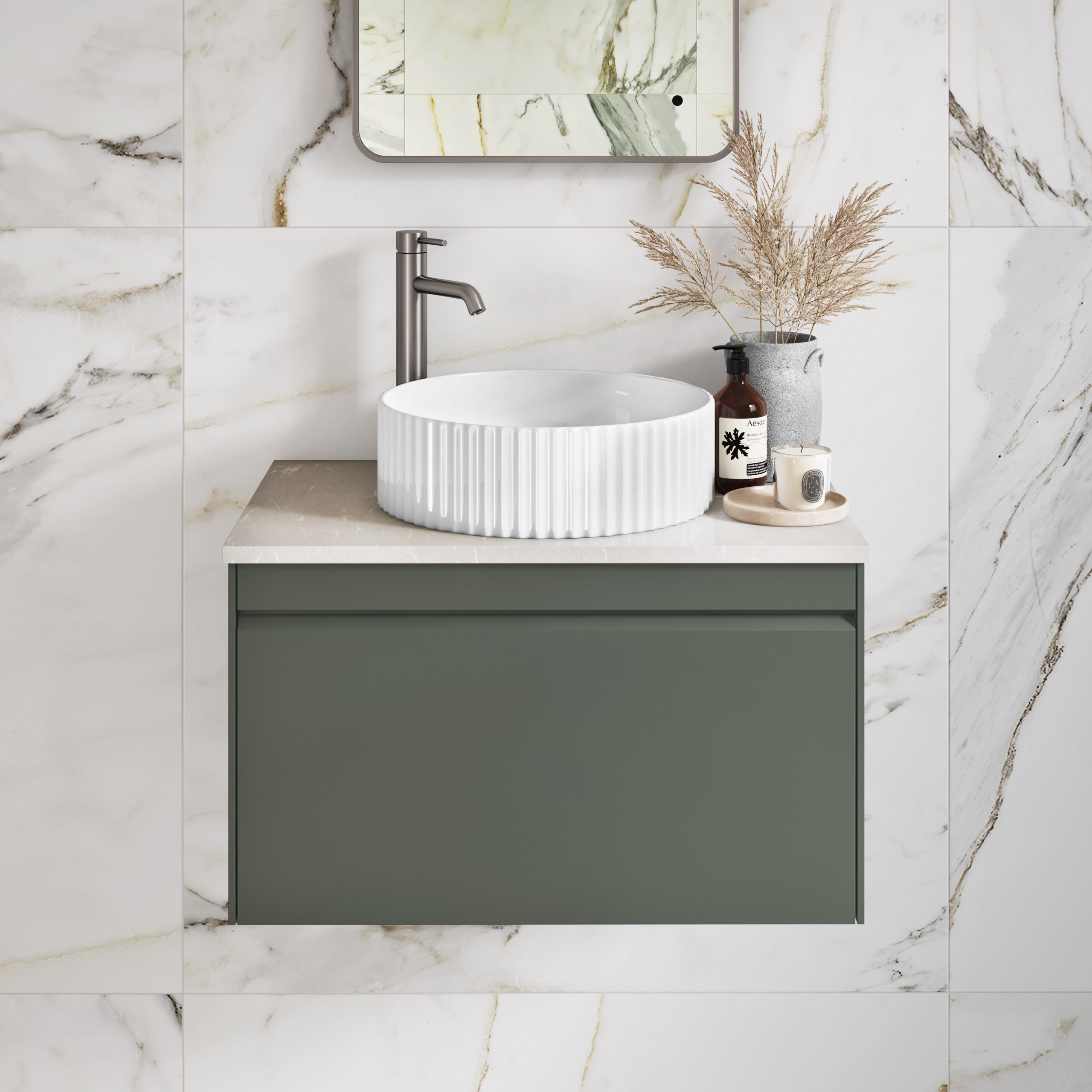 white bathroom sink with green drawer