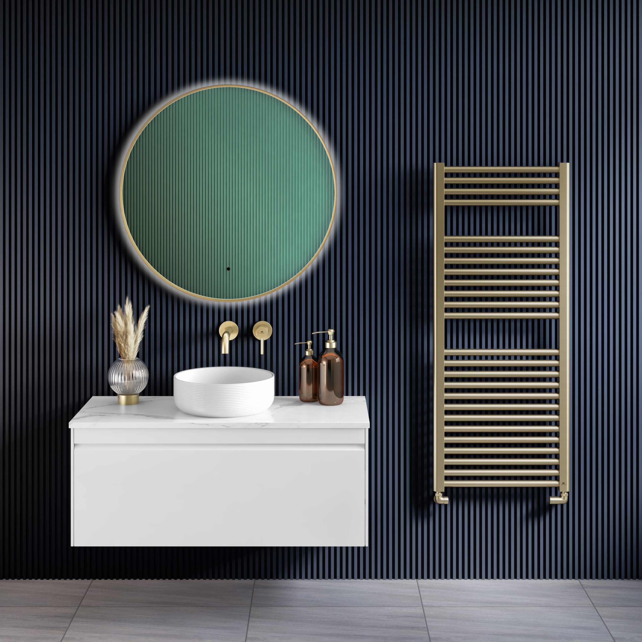 bathroom with a blue wall. gold brass radiator, white sink and cabinet and a brass gold mirror