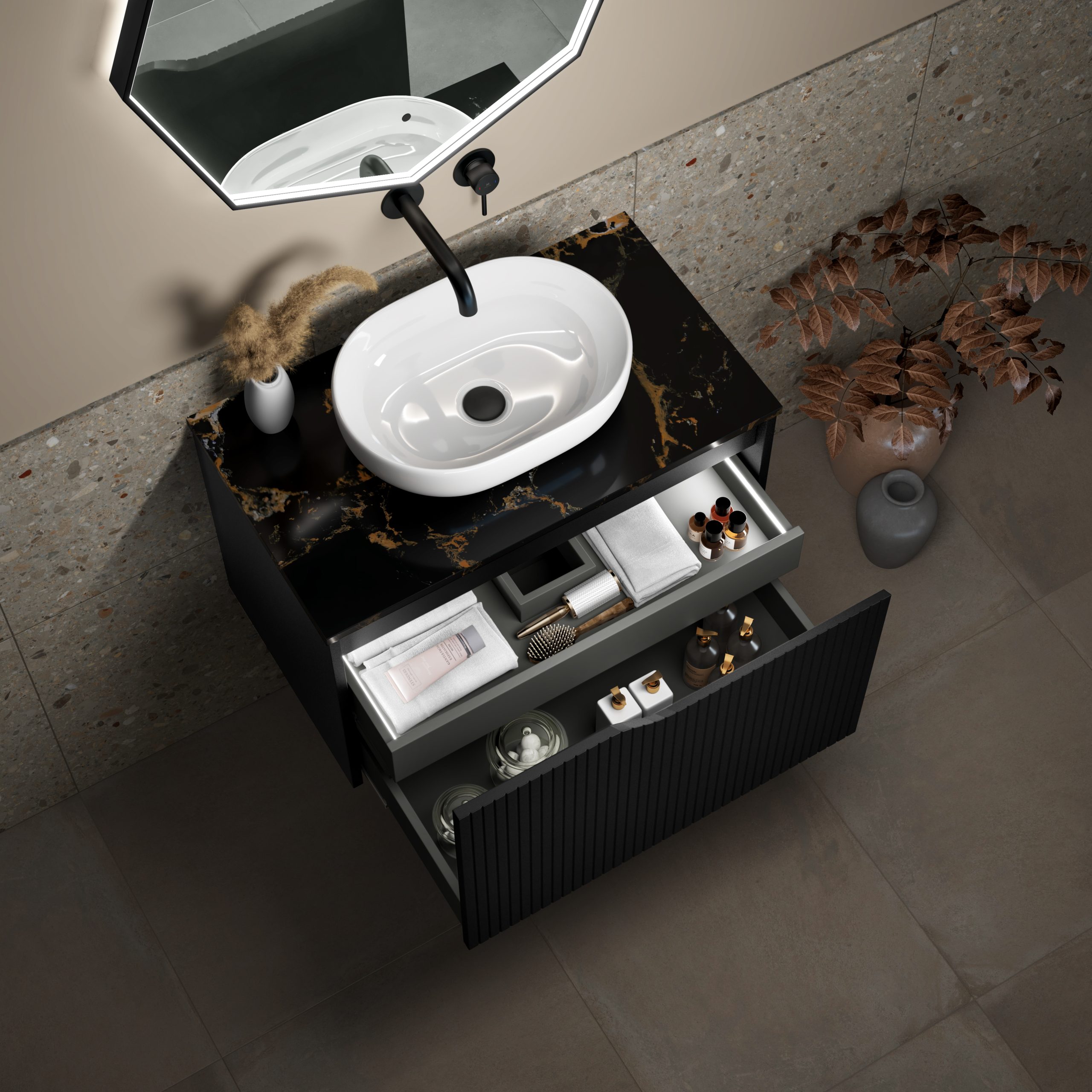 top view of a black cabinet with drawers and a white sink