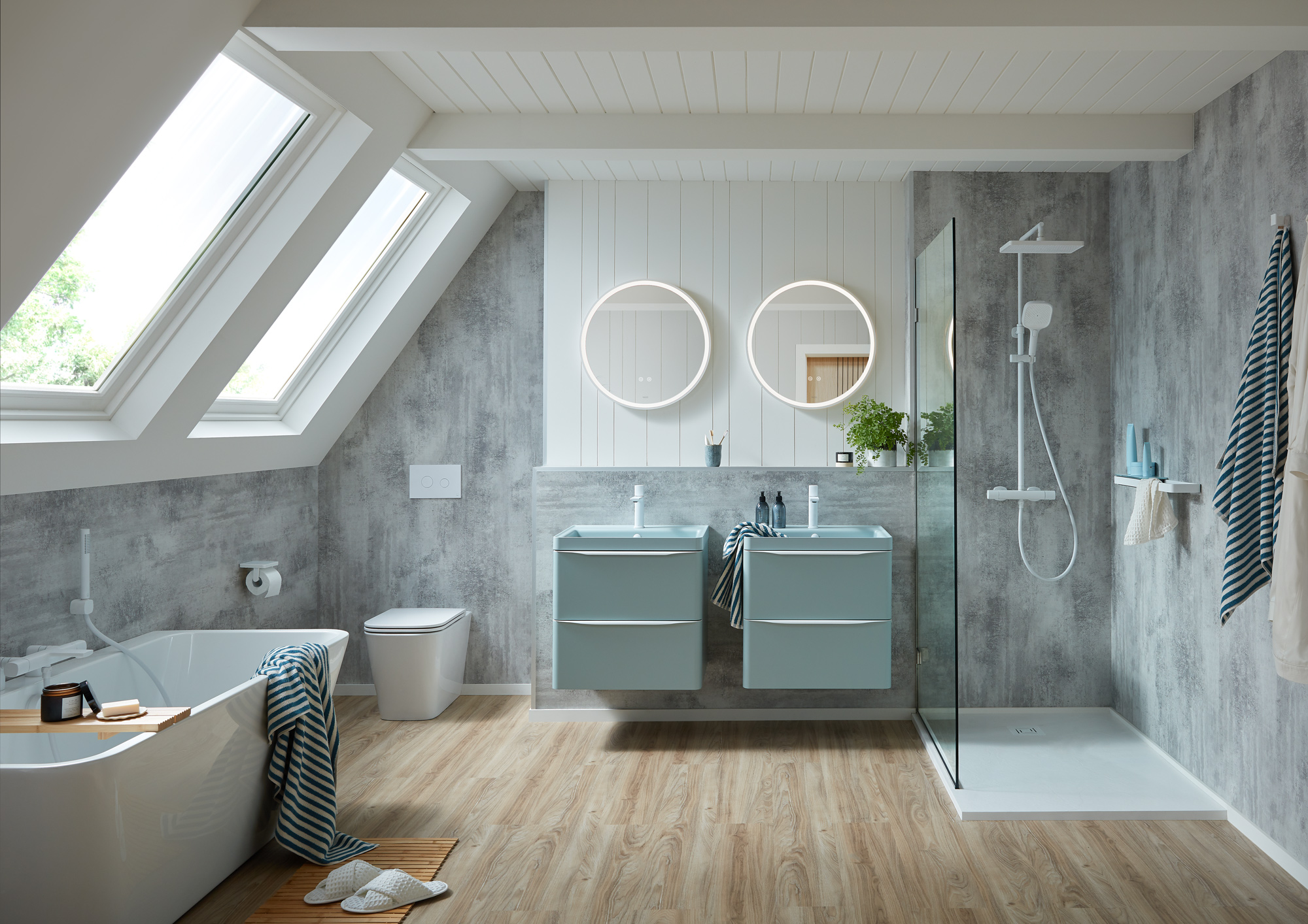 bathroom with his and her sinks with drawers underneath, featuring a walk in shower and bath tub