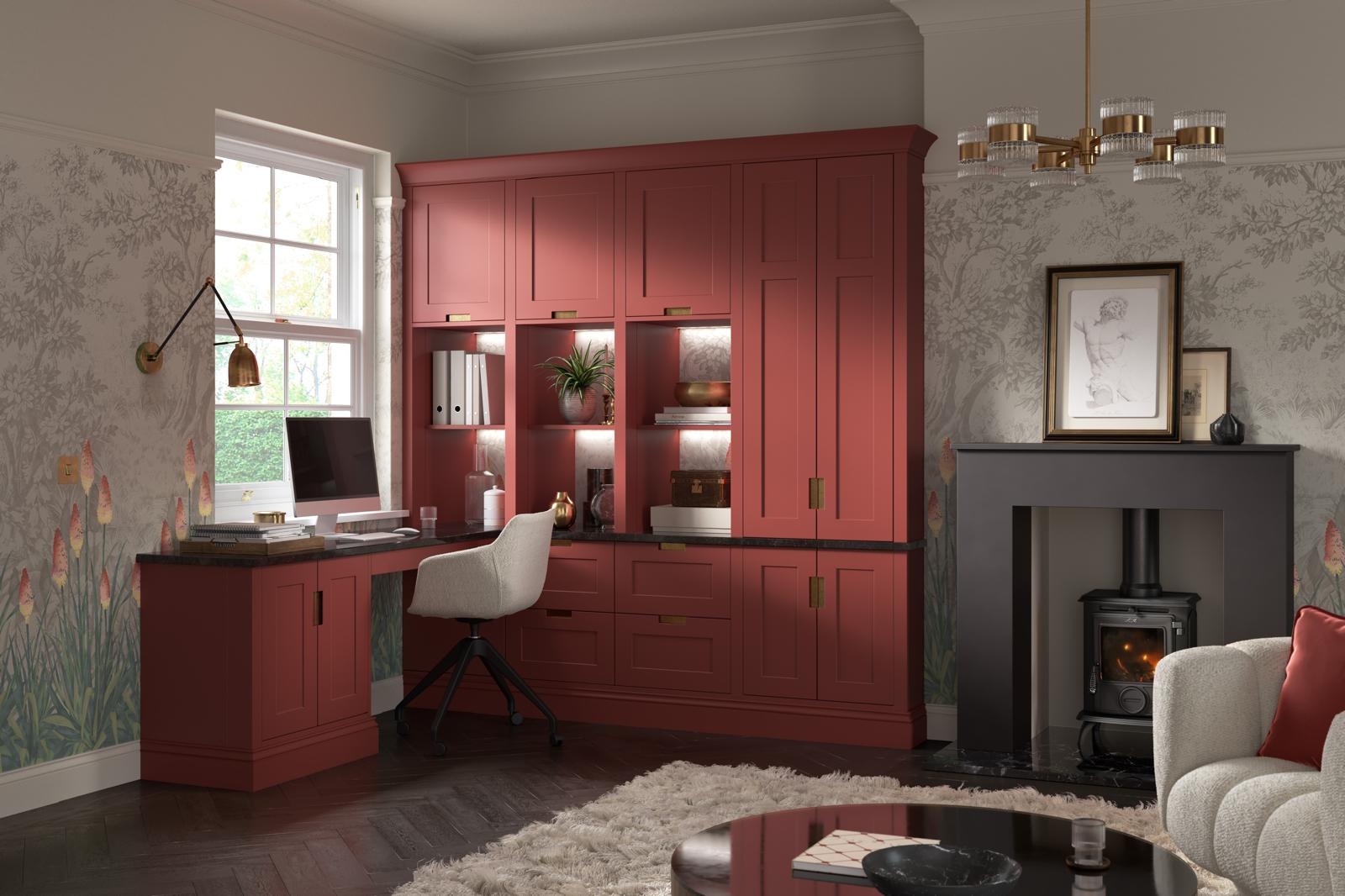 home office with built in storage in red