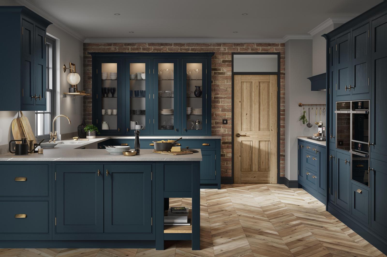 traditional blue kitchen with peninsula