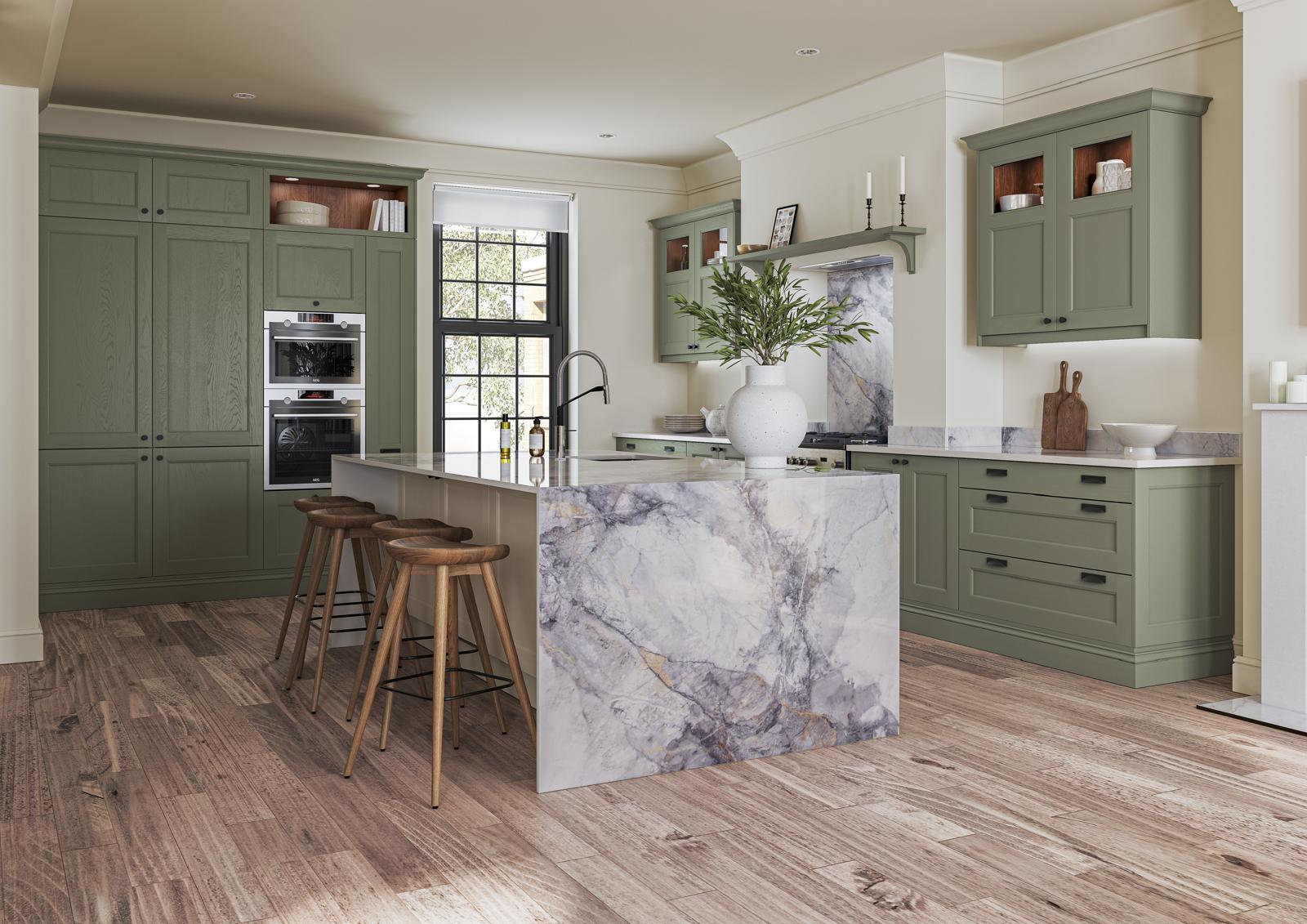 traditional green kitchen with island