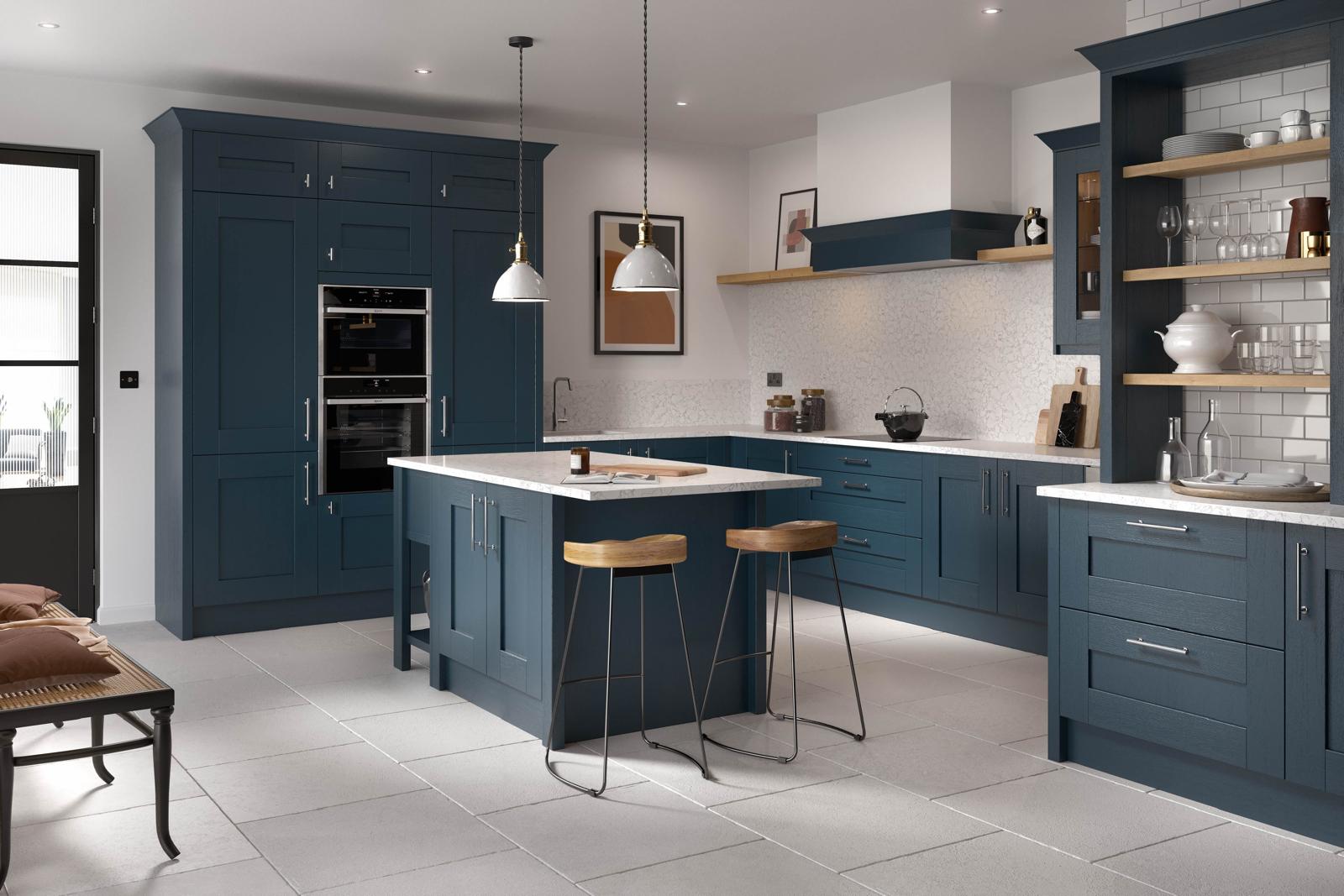 traditional blue kitchen with island