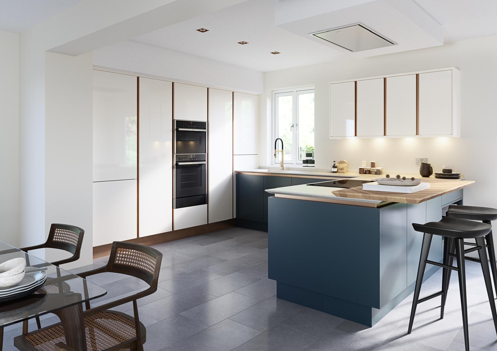 modern kitchen design with contrasting blue and white cabinets