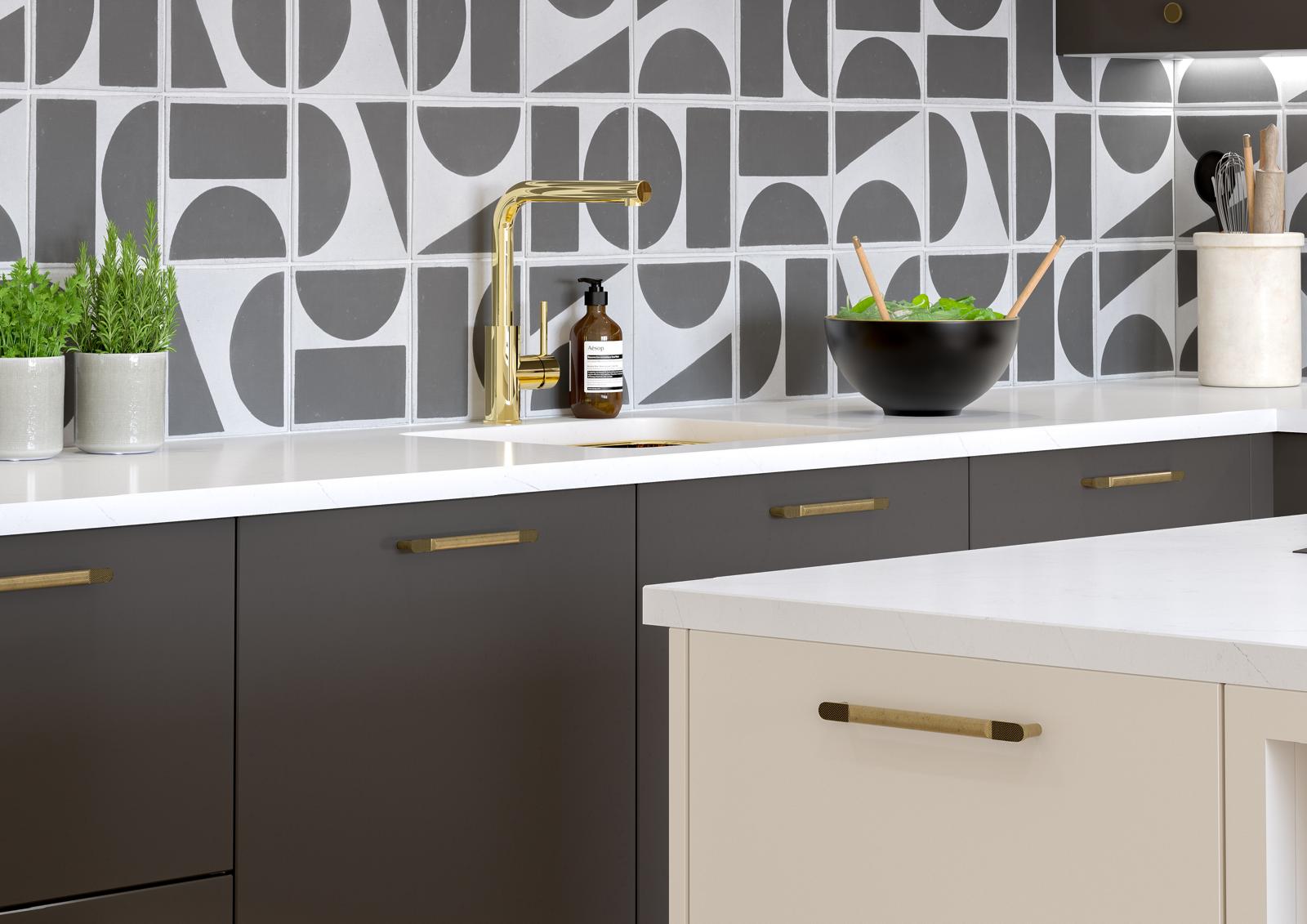 modern kitchen with quirky tiling