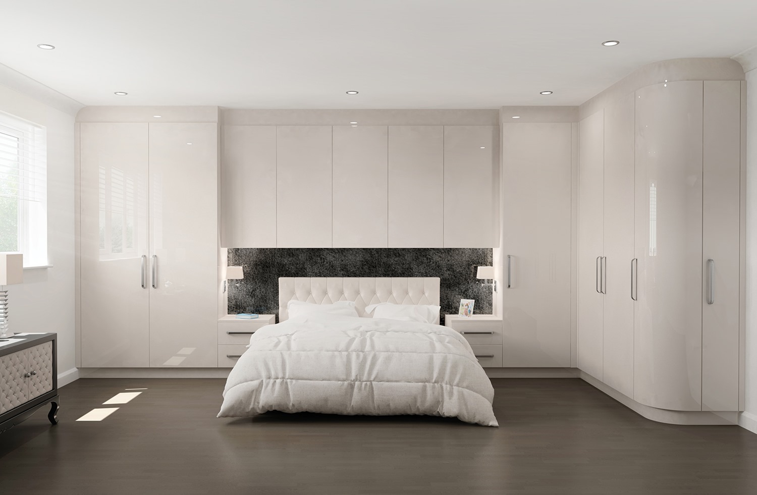 all white bedroom with built in storage