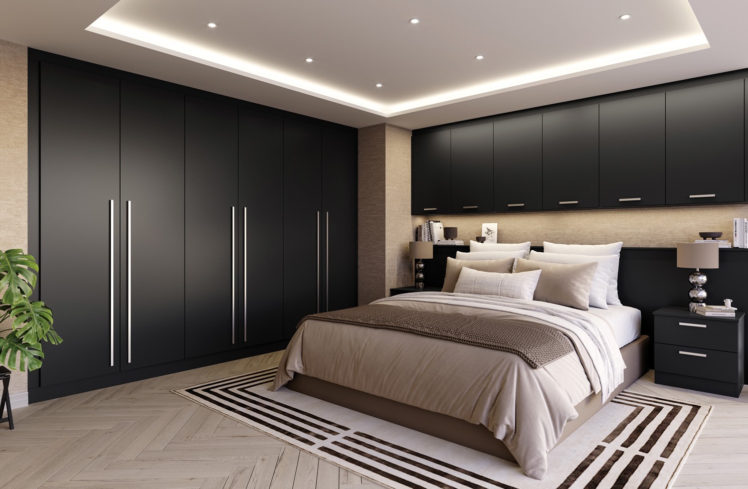 bedroom with built in storage and feature lighting