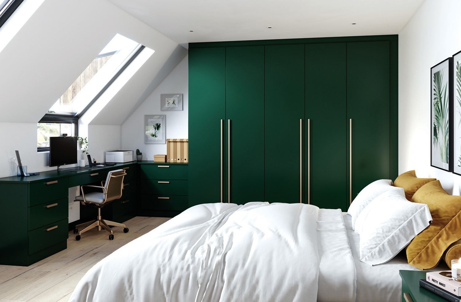 bedroom with green built in storage and desk