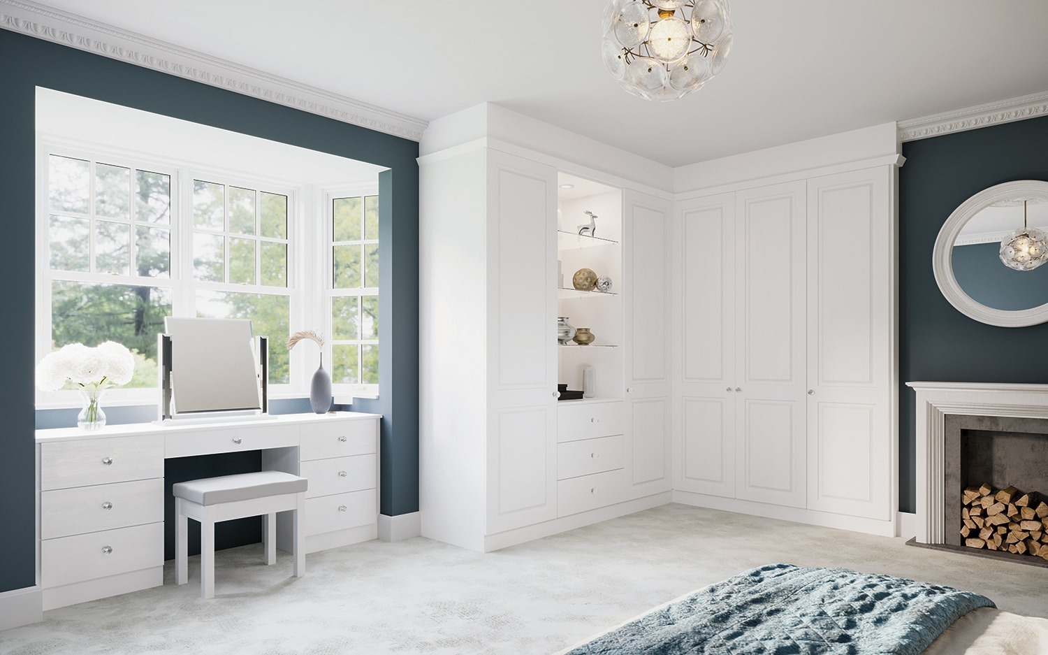 white bedroom with vanity area