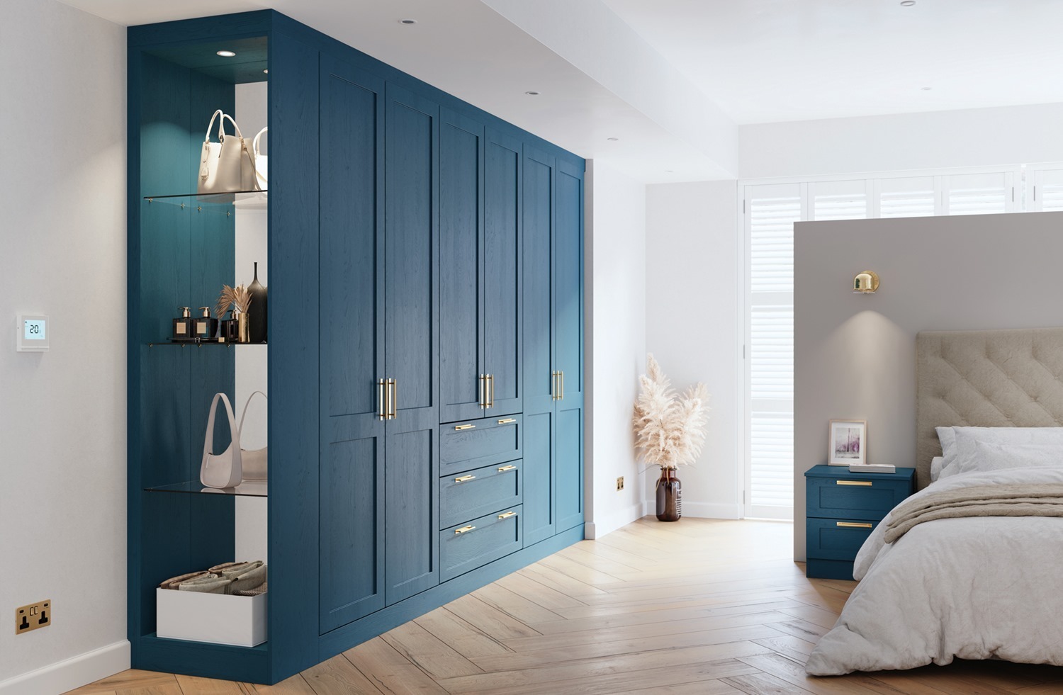 bedroom with built in blue wardrobes and shelves