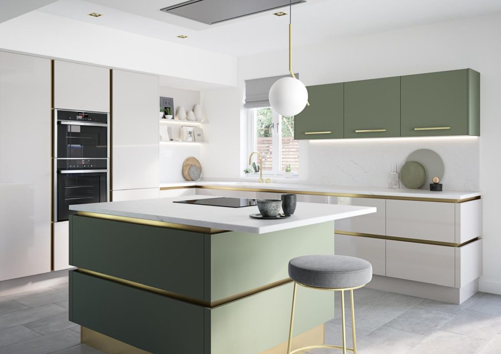 Olive-green and brass handleless, globe pendant modern kitchen Kevin Richardson