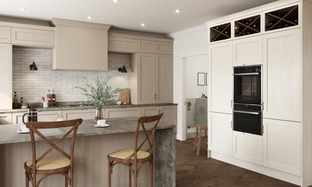 Warm tones at the bold end, character-driven design, colour used on the island only, banquette seating nook, considered rather than trendy